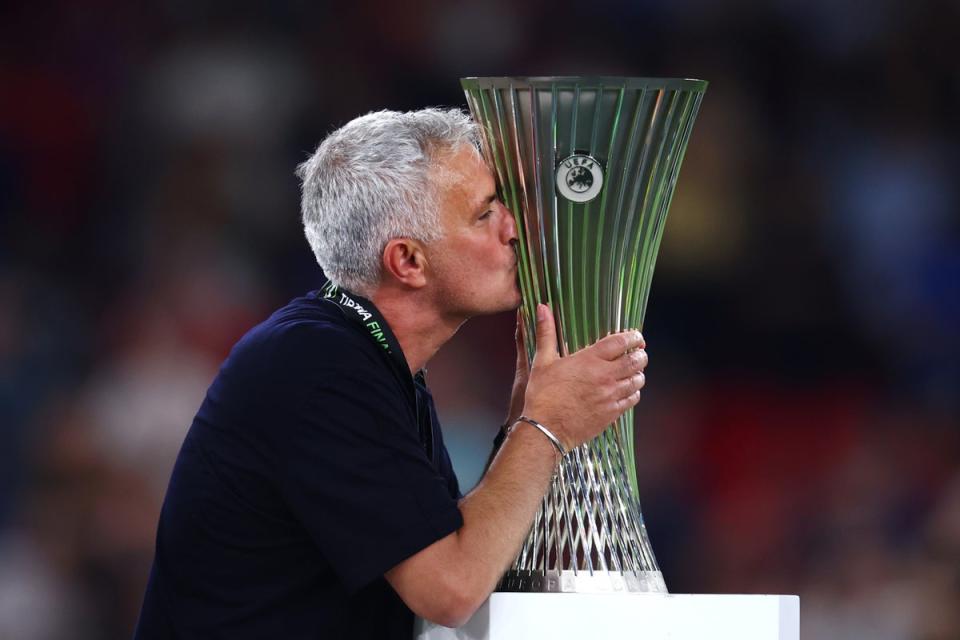 Jose Mourinho celebrates winning the Europa Conference League (Getty Images)
