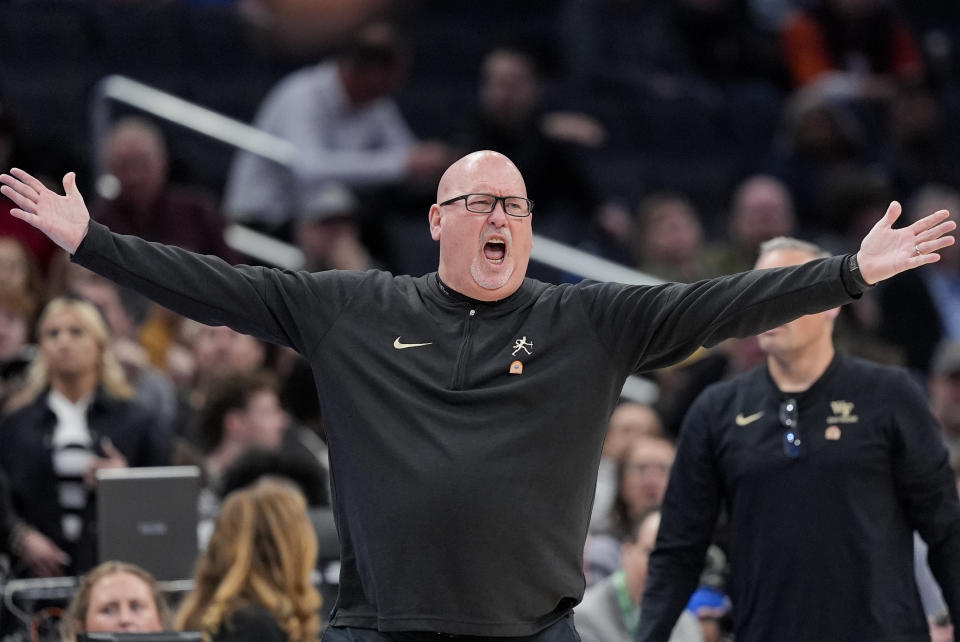 Wake Forest head coach Steve Forbes reacts during the second half of an NCAA college basketball game against Notre Dame in the second round of the Atlantic Coast Conference tournament, Wednesday, March 13, 2024, in Washington. (AP Photo/Susan Walsh)
