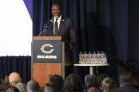 CORRETS ID TO CHICAGO MAYOR BRANDON JOHNSON, NOT CHICAGO BEARS PRESIDENT KEVIN WARREN - Chicago Mayor Brandon Johnson speaks during a news conference where NFL football team unveiled a nearly $5 billion proposal Wednesday, April 24, 2024, in Chicago, for an enclosed stadium next door to their current home at Soldier Field.(AP Photo/Teresa Crawford)