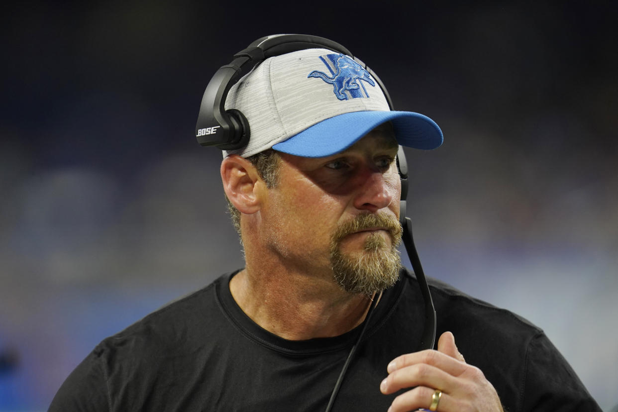 Detroit Lions head coach Dan Campbell watches from the sidelines during the second half of a preseason NFL football game against the Buffalo Bills, Friday, Aug. 13, 2021, in Detroit. (AP Photo/Paul Sancya)