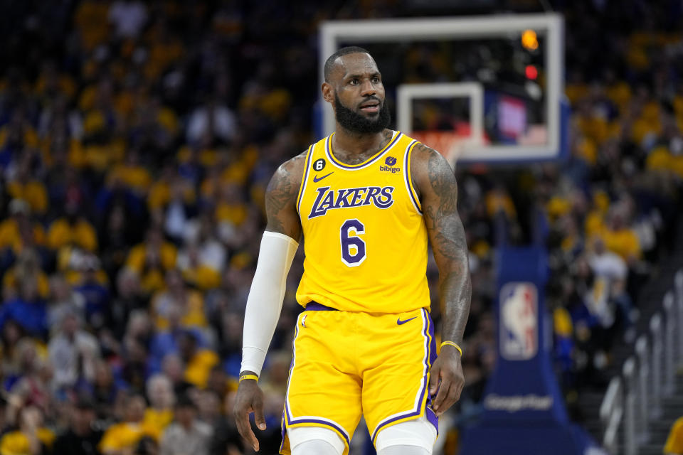 SAN FRANCISCO, CALIFORNIA - MAY 10: LeBron James #6 of the Los Angeles Lakers reacts after scoring during the second quarter against the Golden State Warriors in game five of the Western Conference Semifinal Playoffs at Chase Center on May 10, 2023 in San Francisco, California. NOTE TO USER: User expressly acknowledges and agrees that, by downloading and or using this photograph, User is consenting to the terms and conditions of the Getty Images License Agreement. (Photo by Thearon W. Henderson/Getty Images)