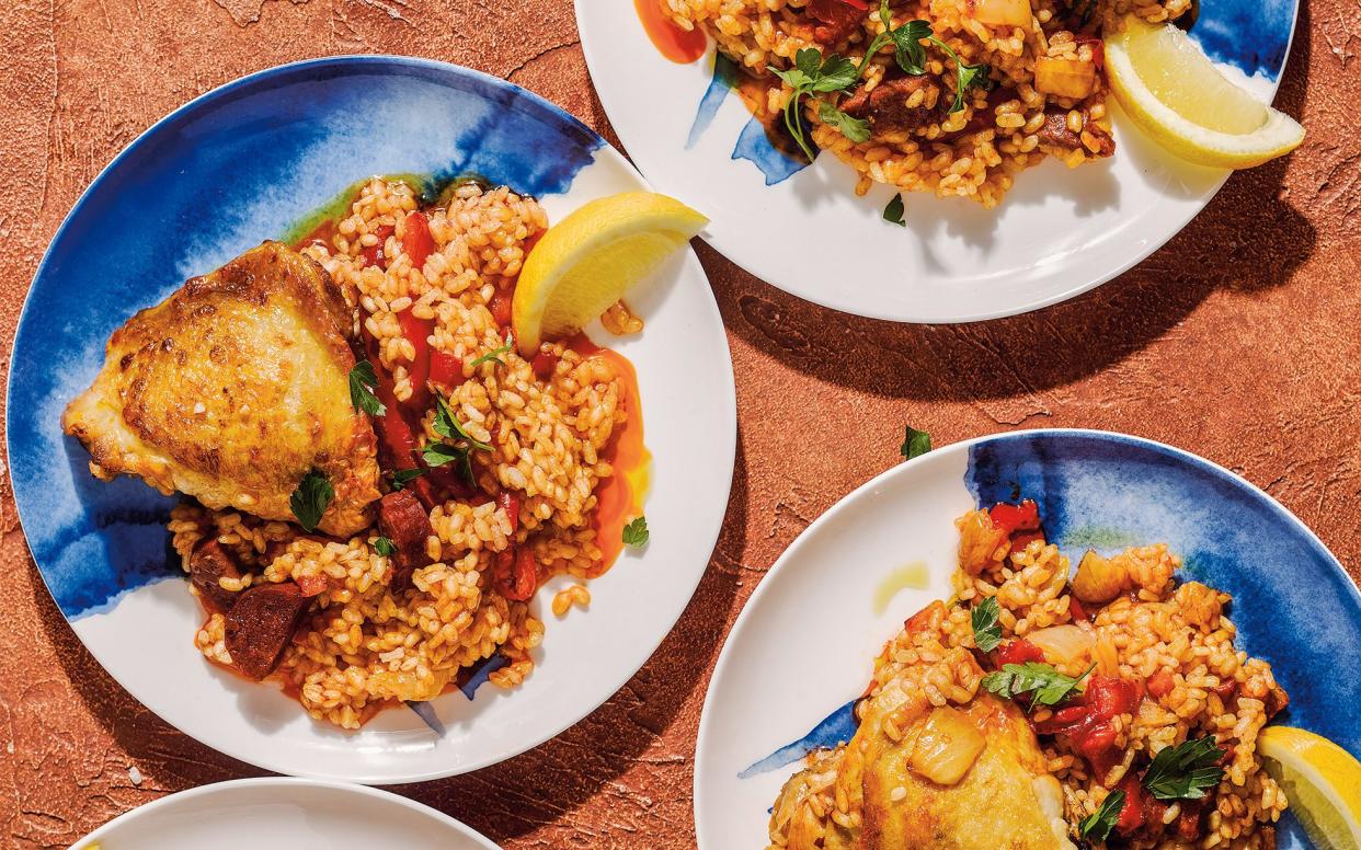 A paella-like dish with chicken and chorizo - No Unauthorized Use