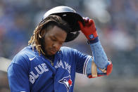 Toronto Blue Jays' Vladimir Guerrero Jr. reacts to grounding out in the seventh inning against the New York Mets during a baseball game Sunday, July 25, 2021, in New York. The Mets won 5-4. (AP Photo/Adam Hunger)