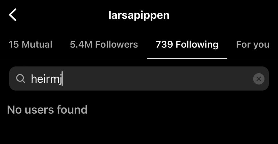 Screenshot of a social media search bar with a typed query 'heirmj' showing 'No users found' under a user profile 'larsapippen' with 5.4M followers