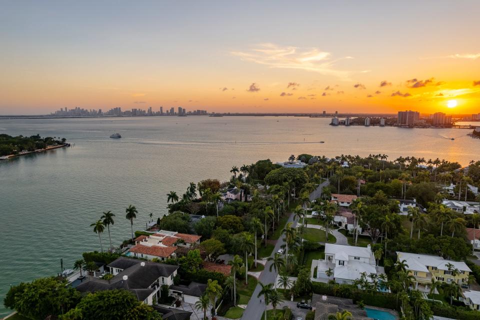 sunset from the most expensive home currently for sale in Florida, 18 La Gorce Circle in Miami Beach