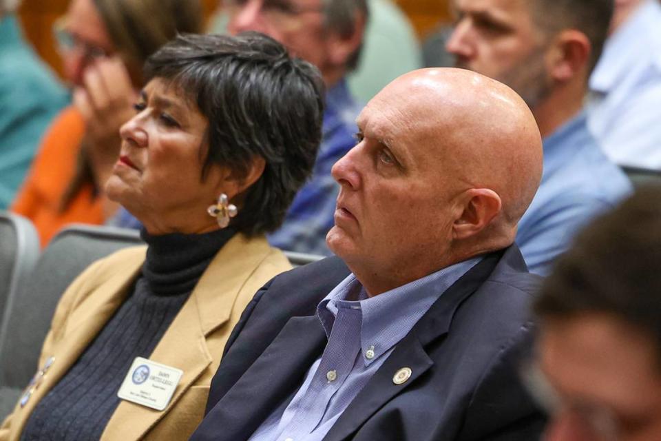 Supervisors John Peschong, right, and Dawn Ortiz-Legg listen during the Nuclear Regulatory Commission’s meeting at the Board of Supervisors chambers in San Luis Obispo on May 3, 2023. The commission was in town to discuss the potential relicensing and safety of Diablo Canyon nuclear power plant. David Middlecamp/dmiddlecamp@thetribunenews.com