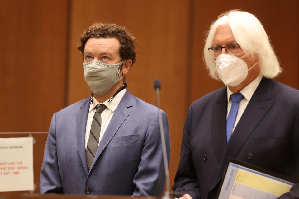 Actor Danny Masterson, left, stands with his attorney, Thomas Mesereau as he is arraigned on rape charges at Los Angeles Superior Court, in Los Angeles, Calif. on Friday, Sept. 18, 2020.