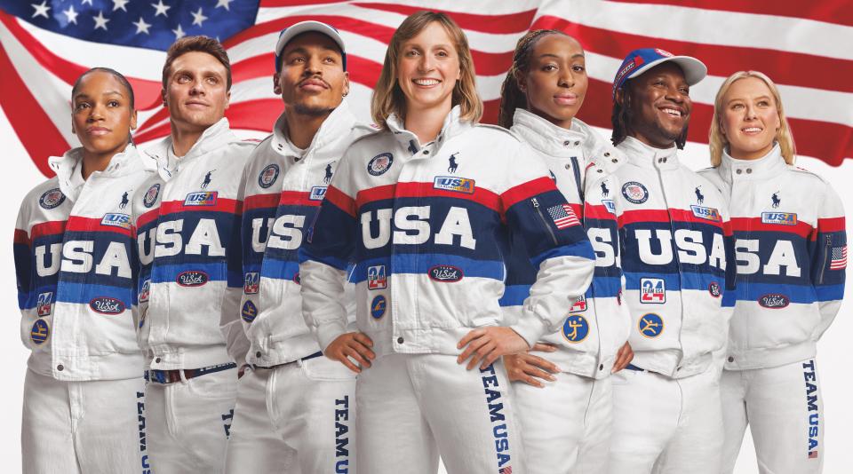 Team USA athletes sport the Polo Ralph Lauren Closing Ceremony uniforms.