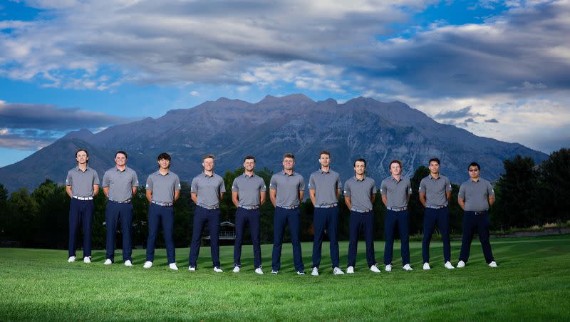 Members of the BYU 2022-23 golf team pose for a team picture. The Cougars qualified for the NCAA Championships, which begin later this week.