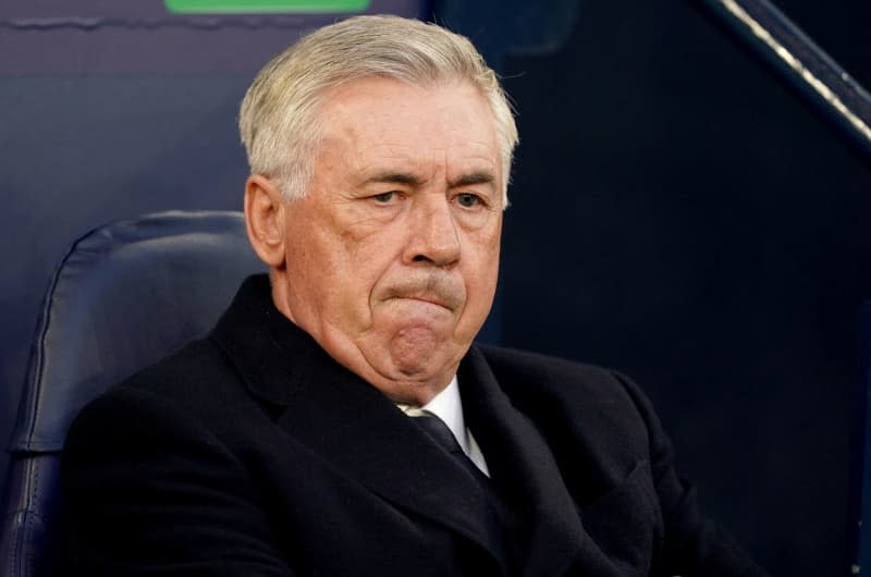 Real Madrid head coach Carlo Ancelotti is pictured during the UEFA Champions League quarter-final second leg soccer match between Manchester City and Real Madrid at the Etihad Stadium, Manchester. Martin Rickett/PA Wire/dpa