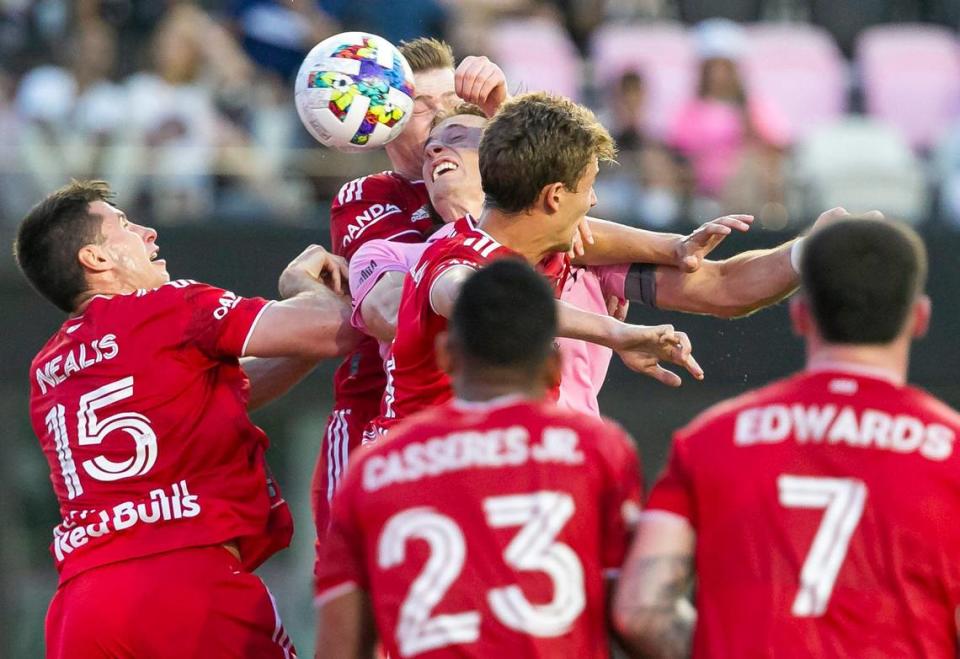 Inter Miami defender Ryan Sailor (45) fights for a header against the New York Red Bulls during the second half of their MLS soccer match at DRV PNK Stadium on Sunday, May 22, 2022, in Fort Lauderdale, Florida.
