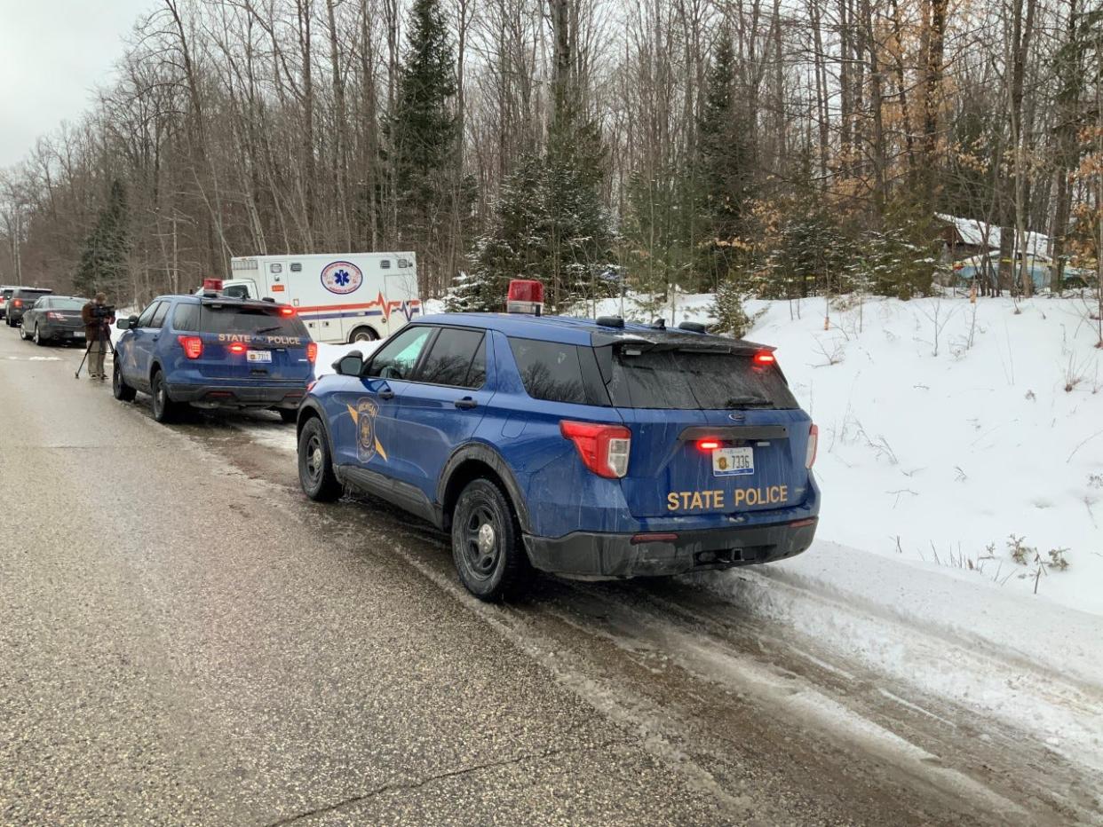 First responders and law enforcement respond to the scene of an officer involved shooting that occurred in Ellis Township in Cheboygan County on Thursday, Feb. 10, 2022.