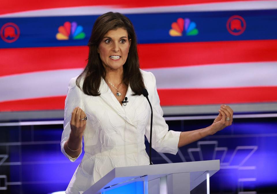 Republican presidential candidate former U.N. Ambassador Nikki Haley speaks during the NBC News Republican Presidential Primary Debate at the Adrienne Arsht Center for the Performing Arts of Miami-Dade County on November 8, 2023 in Miami, Florida.