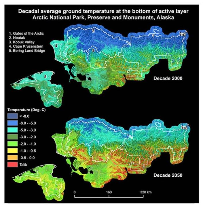 Red areas are talik, or unfrozen ground above permafrost, expected in the 2050s in five northern Alaska parks. Permafrost thickness varies with climatic conditions and landscape history. For example, the active layer that thaws in summer may be less than a foot thick near Prudhoe Bay, Alaska, or a few feet thick near Fairbanks, while the average permafrost thickness below these sites has been estimated to be around 2,100 to 300 feet, respectively (about 660 to 90 meters), but varies greatly. <a href="https://www.nps.gov/articles/aps-16-1-9.htm" rel="nofollow noopener" target="_blank" data-ylk="slk:National Park Service" class="link ">National Park Service</a>