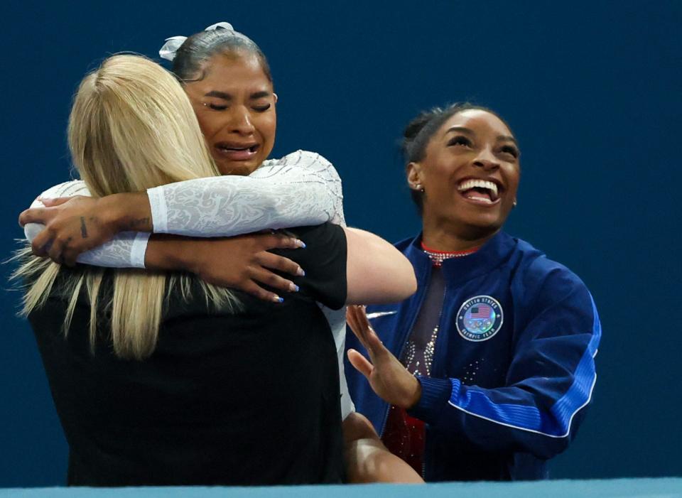 Jordan Chiles celebrates bronze medal at the Olympic Games in Paris