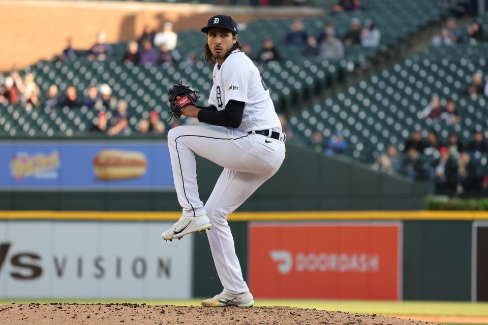 El lanzador de los Tigres, Alex Faedo, hace un lanzamiento en la tercera entrada contra los Medias Blancas el jueves 25 de mayo de 2023 en el Comerica Park.