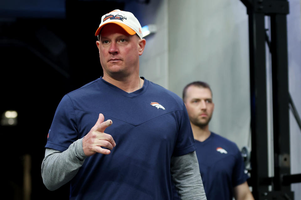 LAS VEGAS, NEVADA - OCTOBER 02: Head coach Nathaniel Hackett of the Denver Broncos walks onto the field before the game against the Las Vegas Raiders at Allegiant Stadium on October 02, 2022 in Las Vegas, Nevada. (Photo by Christian Petersen/Getty Images)