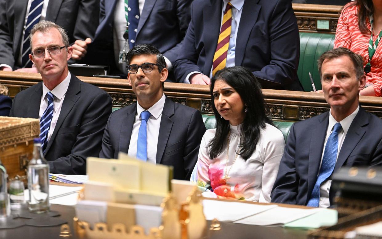 From left: Welsh Secretary David TC Davies, Prime Minister Rishi Sunak, Home Secretary Suella Braverman and Chancellor of the Exchequer Jeremy Hunt during Prime Minister's Questions - Jessica Taylor/AP