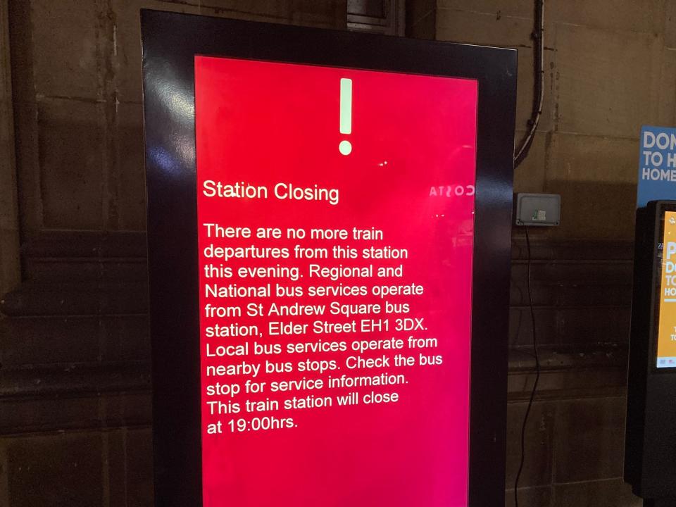 A sign at Edinburgh Waverley train station in Scotland.