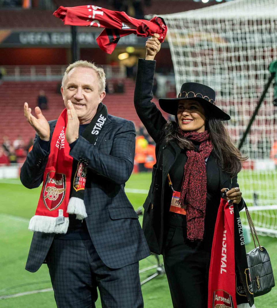 François-Henri Pinault with he's wife actress Salma Hayek during the UEFA Europa League Round of 16 Second Leg match between Arsenal and Stade Rennais at Emirates Stadium on March 14, 2019 in London, England