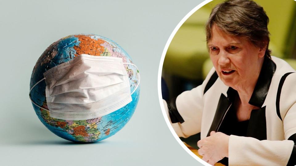 Pictured: Co-chair of the World health organisation's Independent panel of pandemic preparedness Helen Clark, image of the globe with face mask on it. Images: Getty