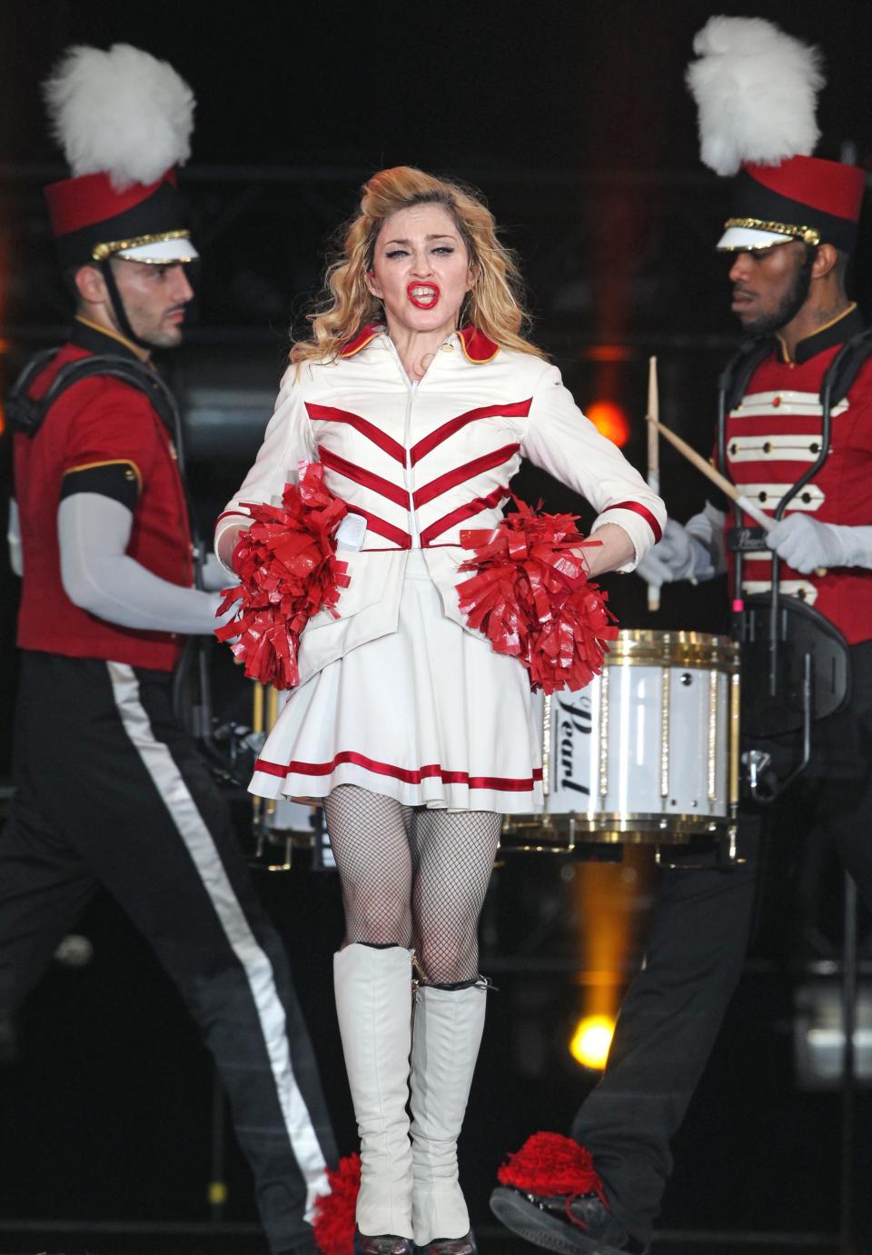 U.S. singer Madonna performs during her concert at Olympic Hall in Moscow, Russia, Tuesday, Aug. 7, 2012. Madonna has voiced hope that three feminist Russian rockers on trial for performing a "punk prayer" against Vladimir Putin are released soon. The pop star told the AP during her concert tour of Russia that she supports freedom of speech and hopes the judge will show leniency. (AP Photo/Mikhail Metzel)