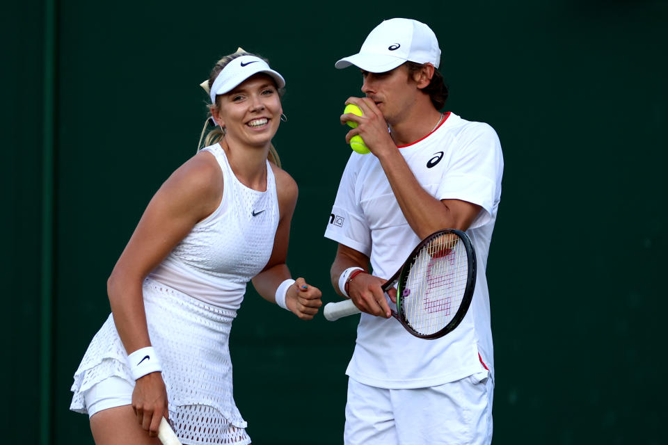 LONDON, ENGLAND - JULY 07: Katie Boulter of Great Britain and partner Alex De Minaur of Australia interact against John Peers of Australia and partner Storm Hunter of Australia in the Mixed Doubles First Round match during day five of The Championships Wimbledon 2023 at All England Lawn Tennis and Croquet Club on July 07, 2023 in London, England. (Photo by Clive Brunskill/Getty Images)