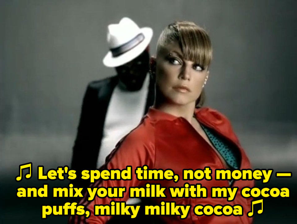 Will I am singing: "Let's spend time, not money — and mix your milk with my cocoa puffs, milky milky cocoa"