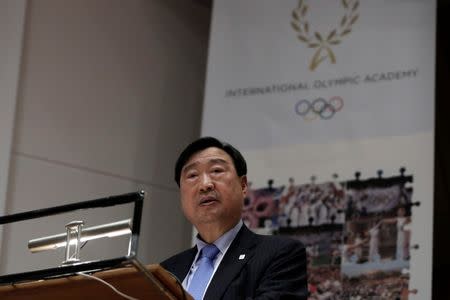 Olympics - Dress Rehearsal - Lighting Ceremony of the Olympic Flame Pyeongchang 2018 - Ancient Olympia, Olympia, Greece - October 23, 2017. Lee Hee-beom, president and CEO of the Pyeongchang Organizing Committee for the 2018 Winter Olympic Games, speaks during a news conference following the dress rehearsal for the Olympic flame lighting ceremony at the site of ancient Olympia in Greece. REUTERS/Costas Baltas