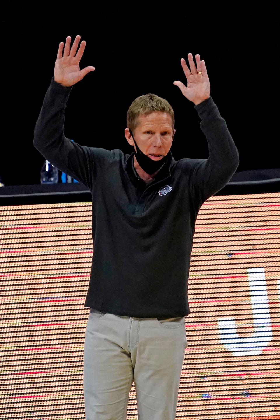 Gonzaga Bulldogs head coach Mark Few reacts during the first half against the UCLA Bruins in the national semifinals of the Final Four of the 2021 NCAA Tournament at Lucas Oil Stadium.