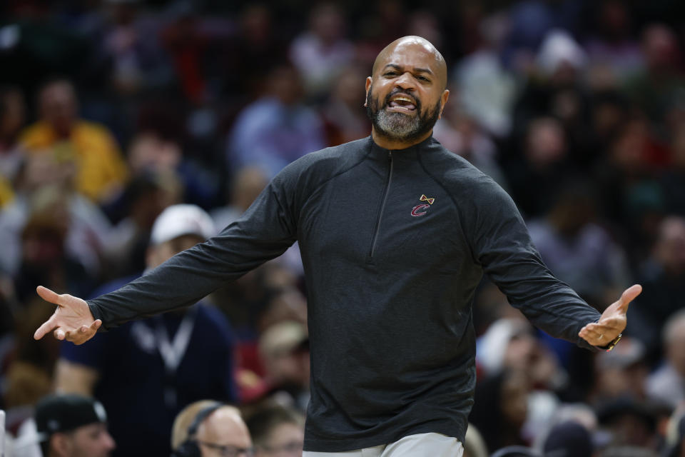 Cleveland Cavaliers head coach J.B. Bickerstaff argues a call during the second half of an NBA basketball game against the Golden State Warriors, Friday, Jan. 20, 2023, in Cleveland. (AP Photo/Ron Schwane)