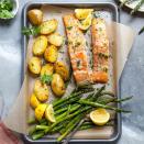 <p>This one-pan salmon and potatoes recipe makes a healthy and satisfying weeknight dinner. Melted garlic butter coats the salmon and vegetables, adding depth of flavor and richness to the dish. <a href="https://www.eatingwell.com/recipe/280316/garlic-butter-roasted-salmon-with-potatoes-asparagus/" rel="nofollow noopener" target="_blank" data-ylk="slk:View Recipe;elm:context_link;itc:0;sec:content-canvas" class="link ">View Recipe</a></p>