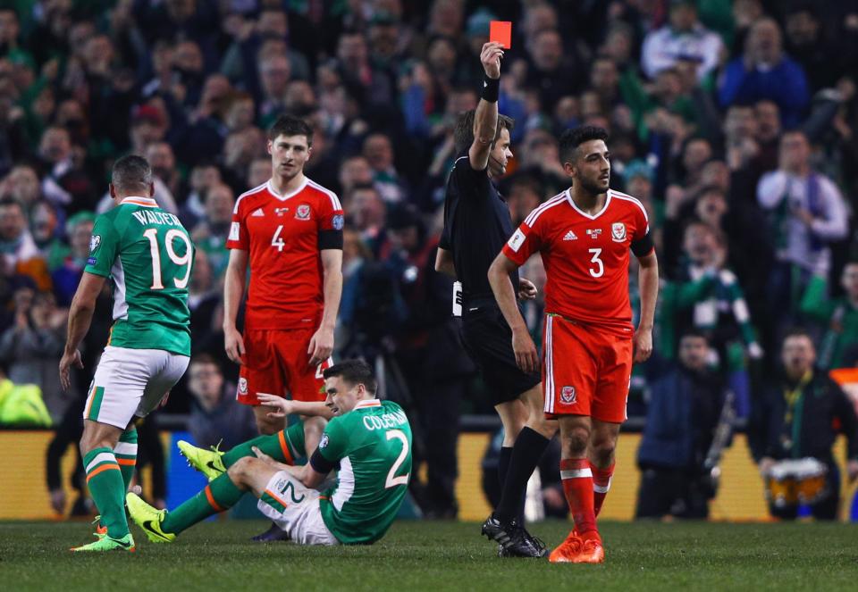 Neil Taylor was sent off after his challenge on Seamus Coleman