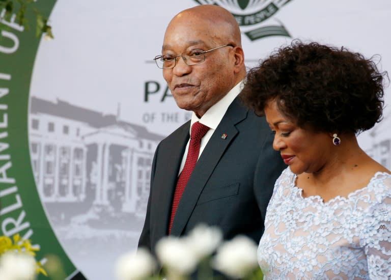 South African President Jacob Zuma and National Assembly speaker Baleka Mbete arrive for the President's State of the Nation Address in Cape Town on February 11, 2016