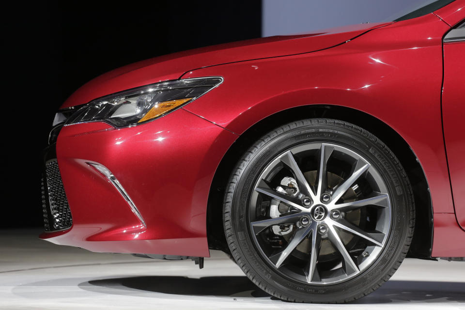 The front of the 2015 Toyota Camry is show after it was introduced at the New York International Auto Show, Wednesday, April 16, 2014, in New York. (AP Photo/Mark Lennihan)