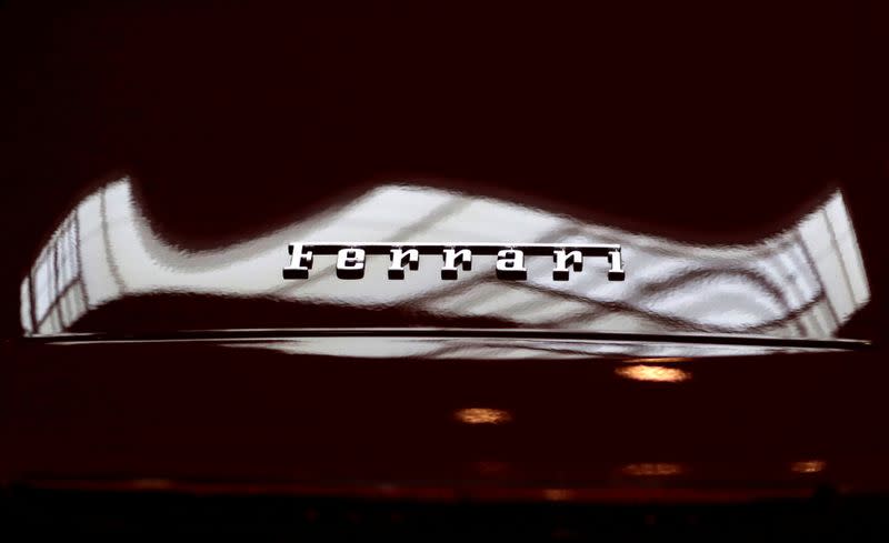 The logo of Ferrari is seen on a car during the Prague Autoshow in Prague