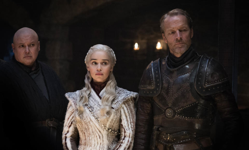 Conleth Hill as Varys, Emilia Clarke as Daenerys Targaryen and Iain Glen as Jorah Mormont in <i>Game of Thrones</i>. (Photo: Helen Sloan/HBO)