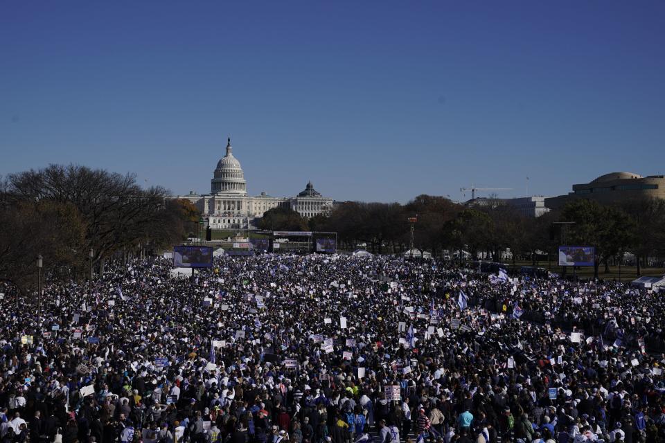 Thousands of demonstrators gather on the National Mall.