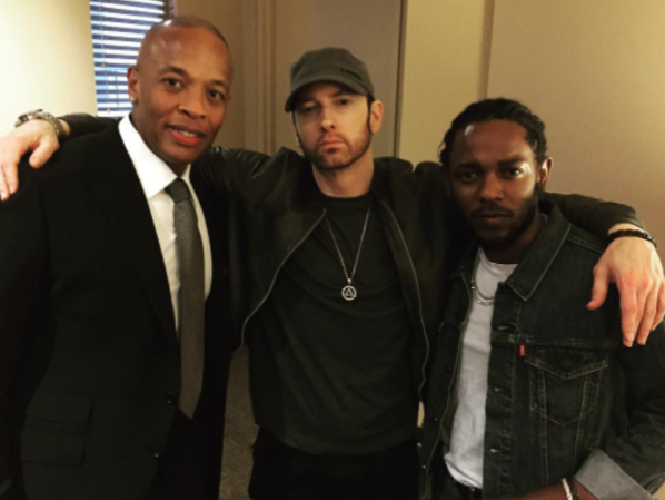 Eminem has rapped lyrics expressing his heterosexuality, seen here with Dr Dre and Kendrick Lemar. Source: Instagram/Eminem