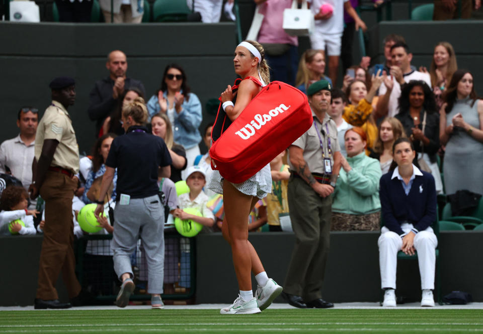 Belarus' Victoria Azarenka reacts to spectators as she leaves the court after losing her fourth round match against Ukraine's Elina Svitolina (Reuters via Beat Media Group subscription)