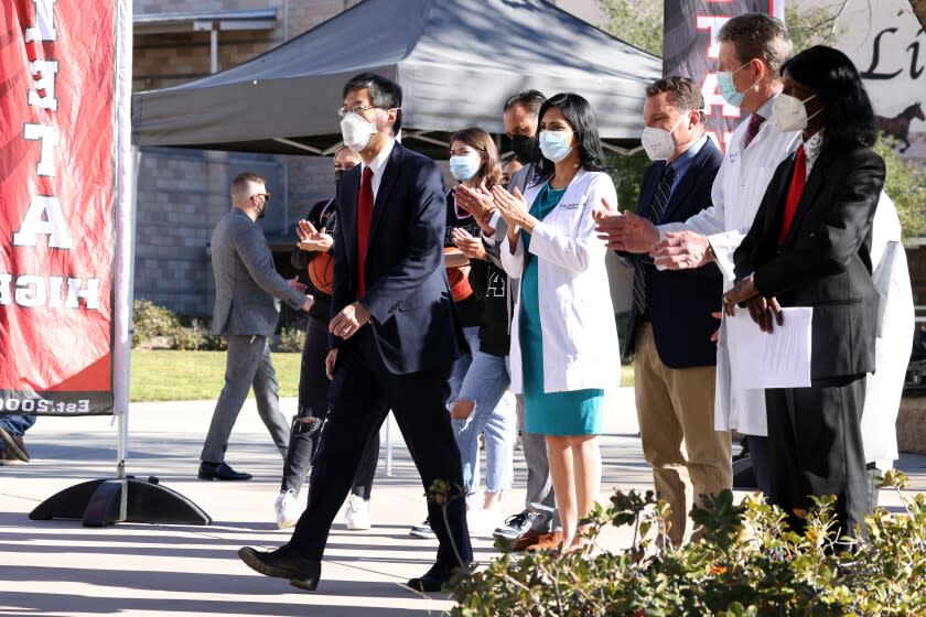 LOS ANGELES, CA - JANUARY 24: State Sen. Richard Pan (D-Sacramento) prepares to deliver a announce a bill that add's COVID-19 vaccines to California's list of required inoculations for attending K-12 schools at Arleta High School on Monday, Jan. 24, 2022 in Los Angeles, CA. This initiative would override Gov. Gavin Newsom's scaled back mandate from last year . (Dania Maxwell / Los Angeles Times)