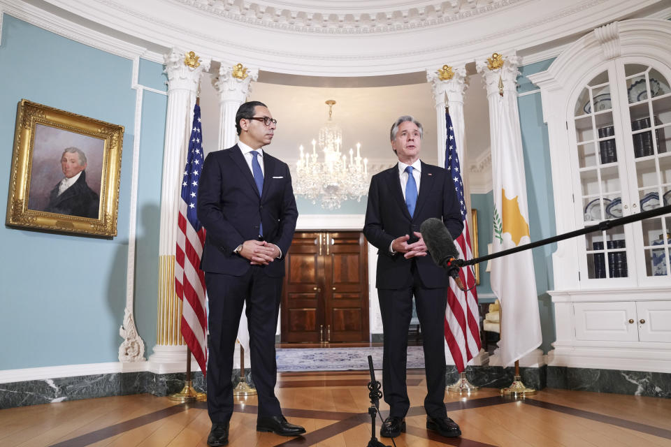 Secretary of State Antony Blinken, right, meets with Cyprus' Foreign Minister Constantinos Kombos, Monday, June 17, 2024, at the State Department in Washington. (AP Photo/Jacquelyn Martin)