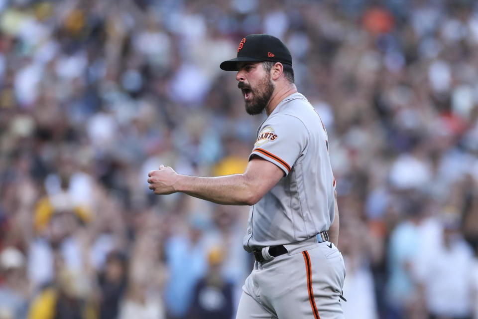 San Francisco Giants starting pitcher Carlos Rodon reacts after his team defeated the San Diego Padres in a baseball game Saturday, July 9, 2022, in San Diego. (AP Photo/Derrick Tuskan)