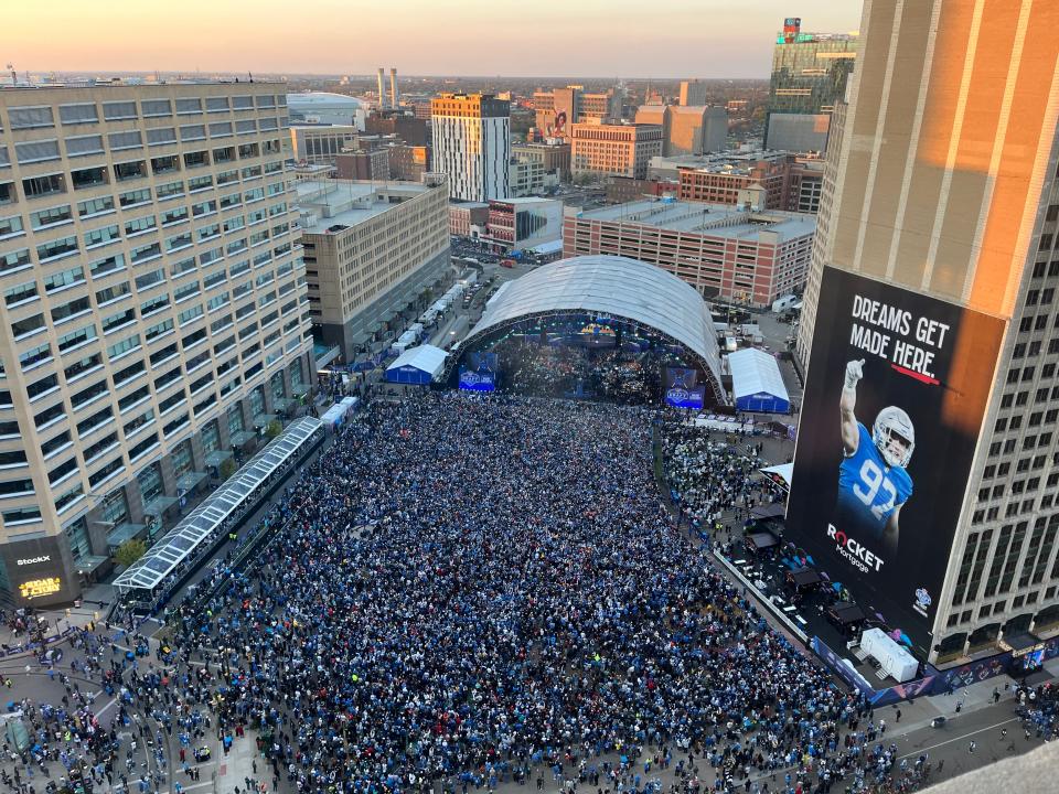 Football fans fill the NFL Draft theater and overflow area on Thursday, April 25, 2024 during the first day of the NFL draft in Detroit.