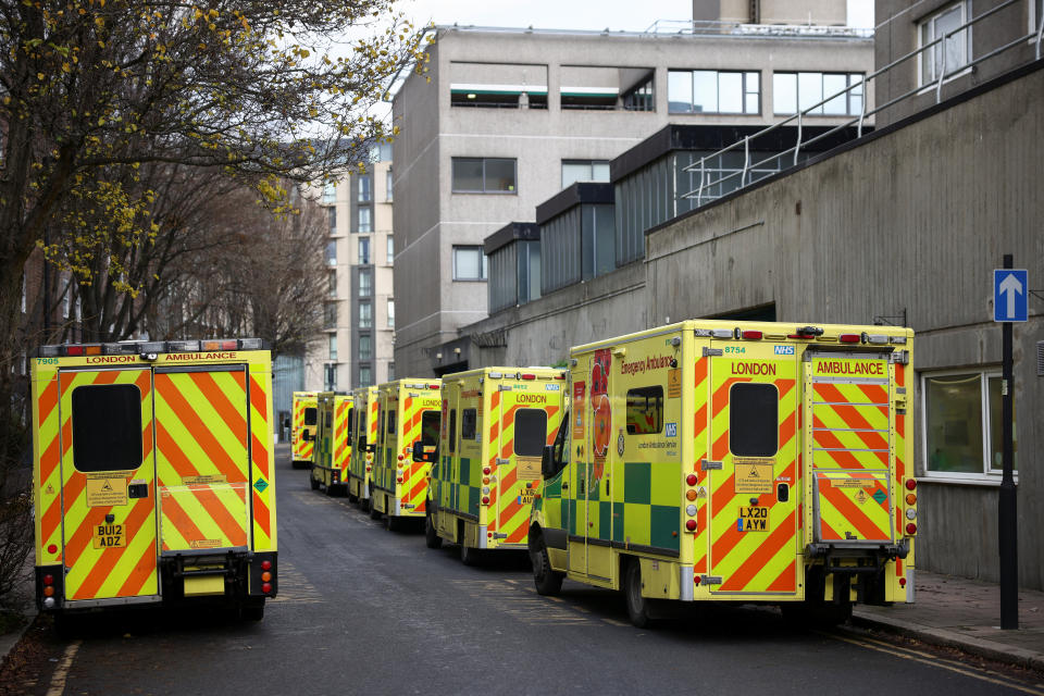 A view of ambulances parked along a street, as ambulance workers strike, amid a dispute with the government over pay, near the NHS London Ambulance Service, in London, Britain December 21, 2022. REUTERS/Henry Nicholls