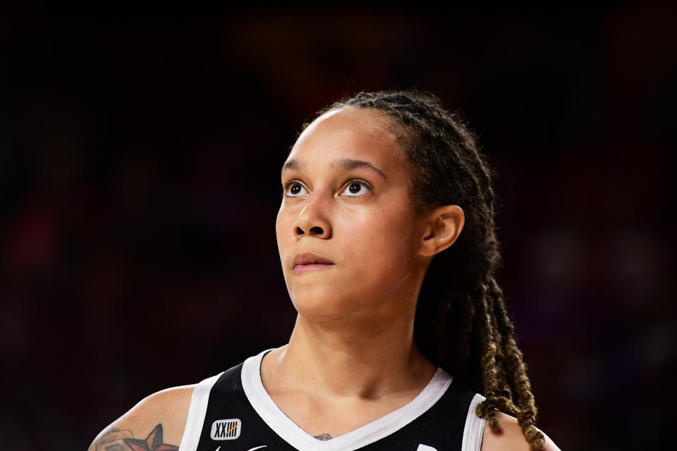 Brittney Griner of the Phoenix Mercury looks on during the game against the Las Vegas Aces on Oct. 3, 2021, in Tempe, Ariz. (Michael Gonzales / NBAE via Getty Images file)