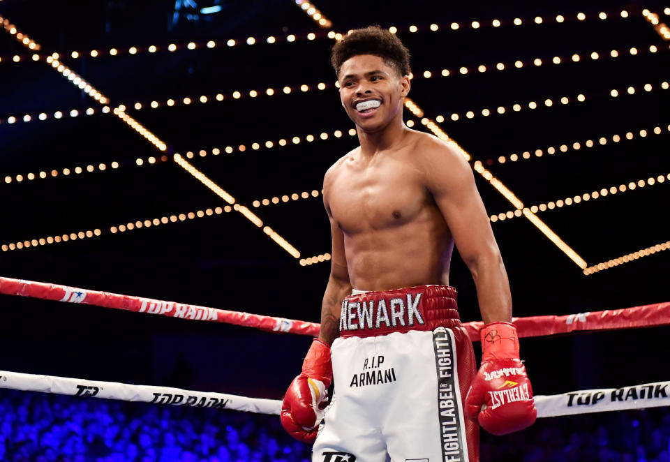 NEW YORK, NY - DECEMBER 09:  Shakur Stevenson celebrates his TKO win against Oscar Mendoza in their Featherweight bout at Madison Square Garden on December 9, 2017 in New York City.  (Photo by Steven Ryan/Getty Images)