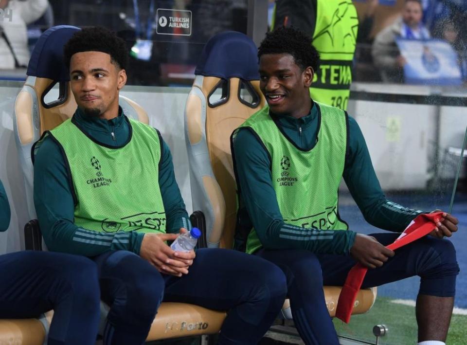 Ayden Heaven (R) and Ethan Nwaneri on the bench for a Champions League game (Photo via Heaven on Instagram)