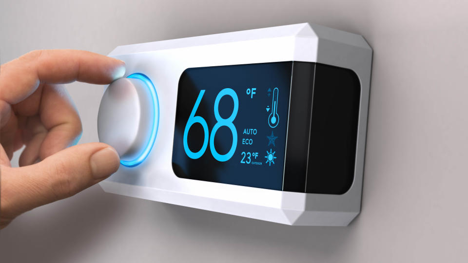 A thermostat set to 68 degrees Fahrenheit which is a great bedroom temperature for sleeping according to a recent study
