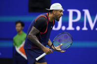 Nick Kyrgios, of Australia, reacts as he plays Karen Khachanov, of Russia, during the quarterfinals of the U.S. Open tennis championships, Tuesday, Sept. 6, 2022, in New York. (AP Photo/Charles Krupa)